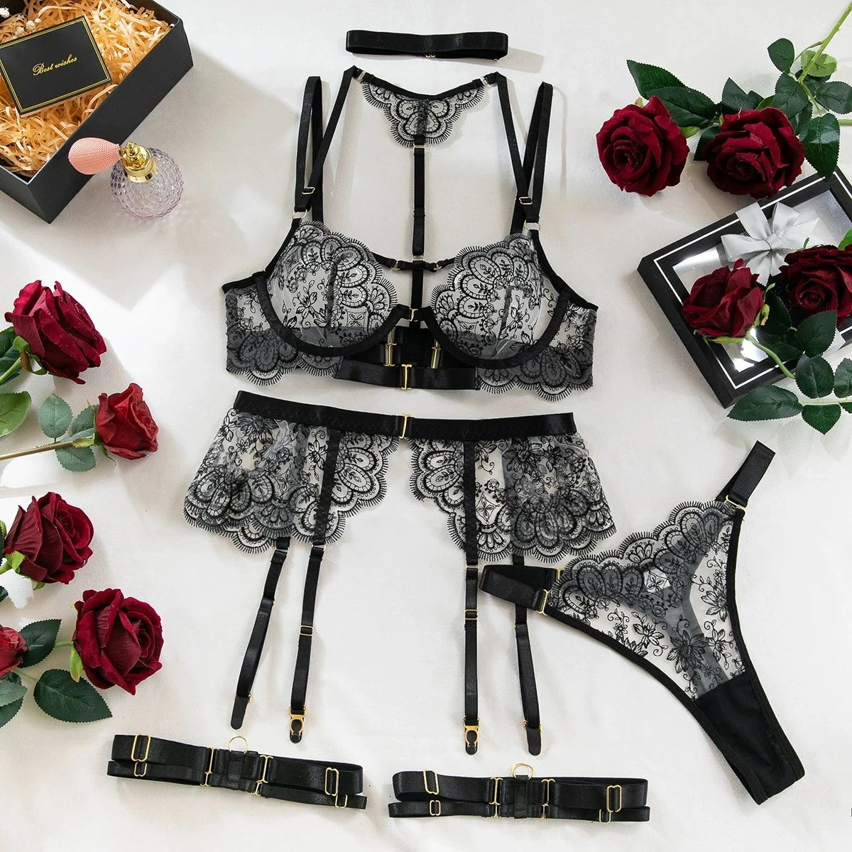 Enchanting Lace Harness 5 Piece Lingerie Set