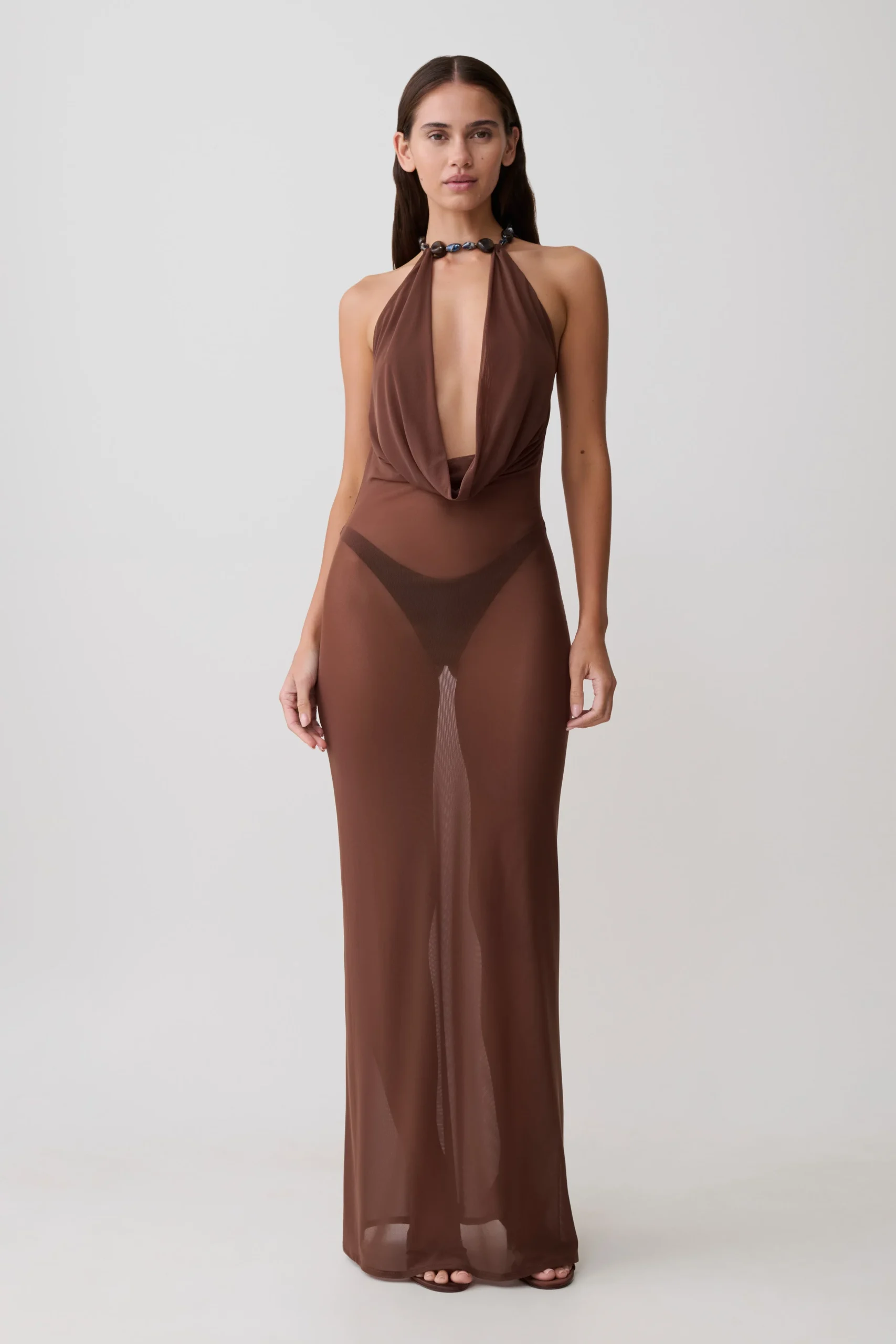EthalMesh Cowl Neck Beaded Maxi Dress - Chocolate