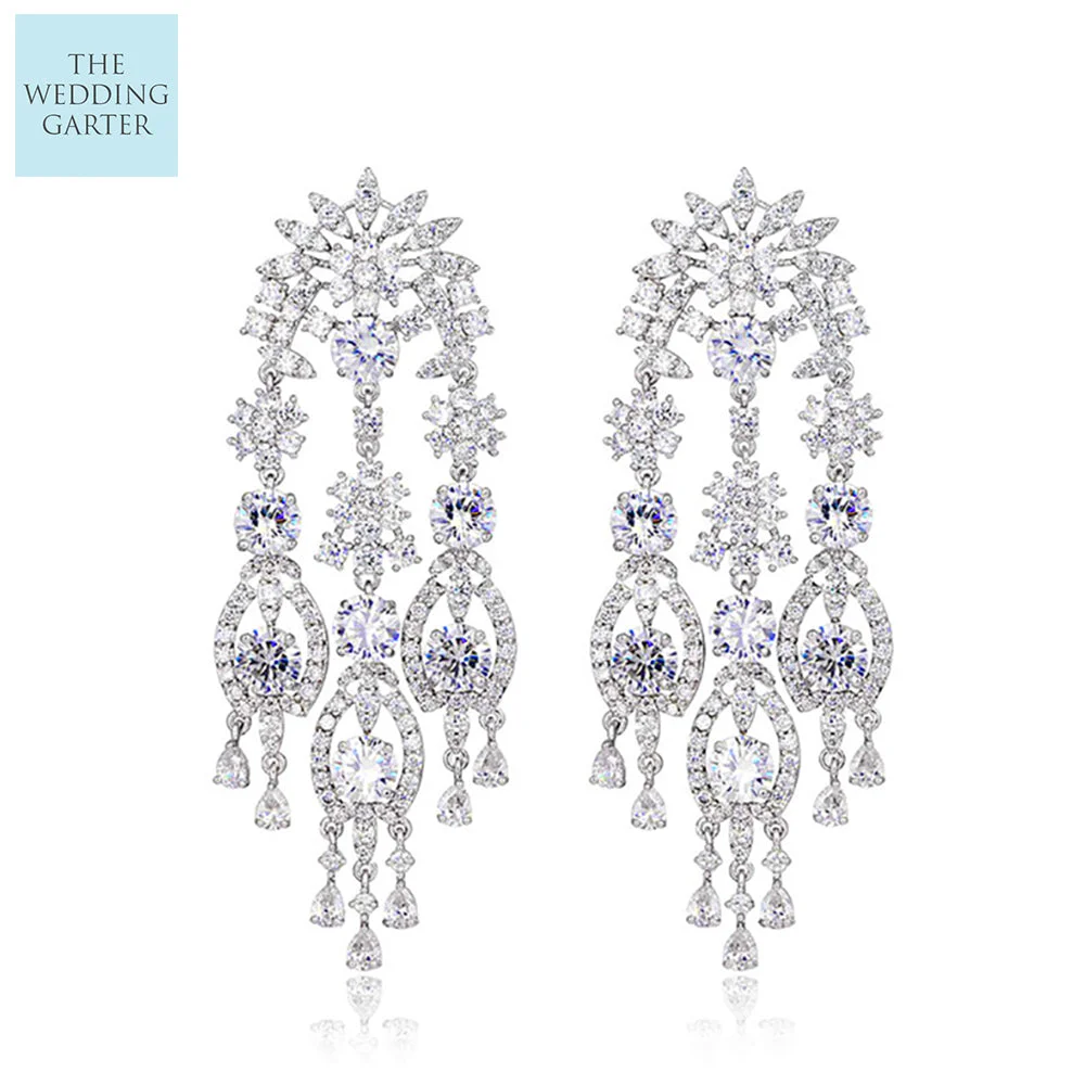 European Long Tassel CZ Statement Wedding Earrings