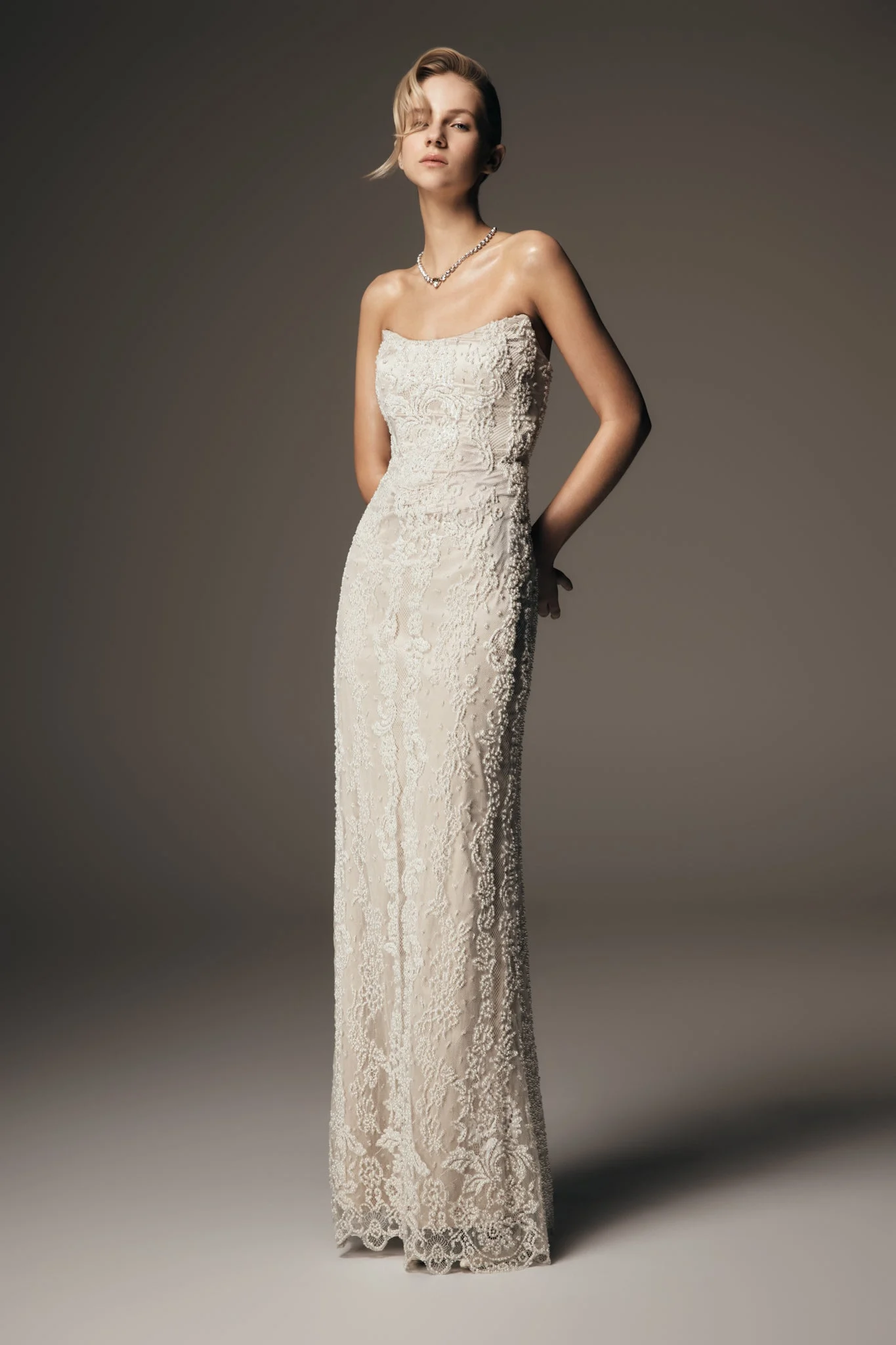 EvaHand Beaded Pearl & Lace Maxi Dress - White