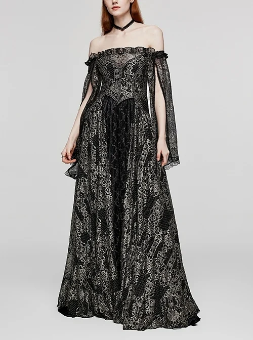 Exquisite Black And Gold Patterned Hollow Mesh Sexy One-Line Collar Gothic Style Rope Dress
