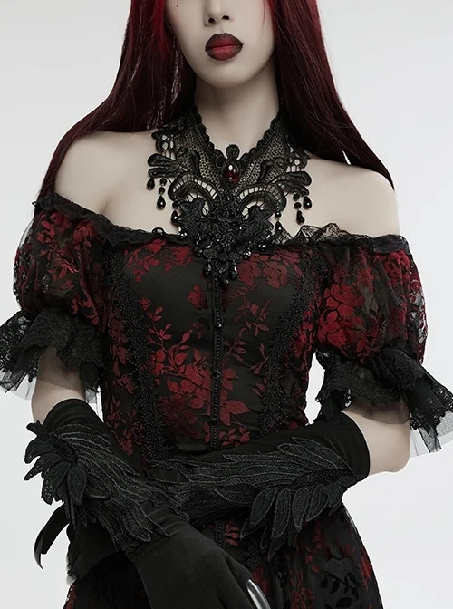 Exquisite Black And Red V Neck Symmetrical Front Center Three Dimensional Gemstone Pendant With Lace Design Gothic Style Noble Necklace