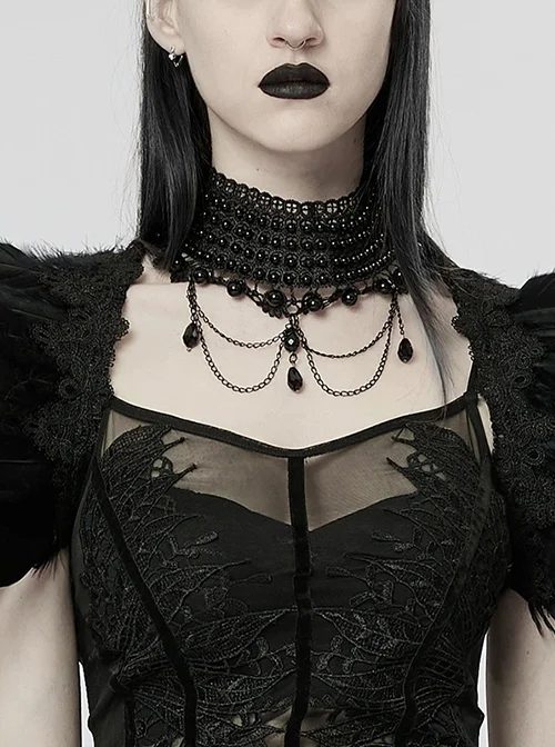 Exquisite Hollow Lace With Black Pearl Double Row Metal Tail Clip Adjustable Size Black Gothic Gorgeous Pearl Choker