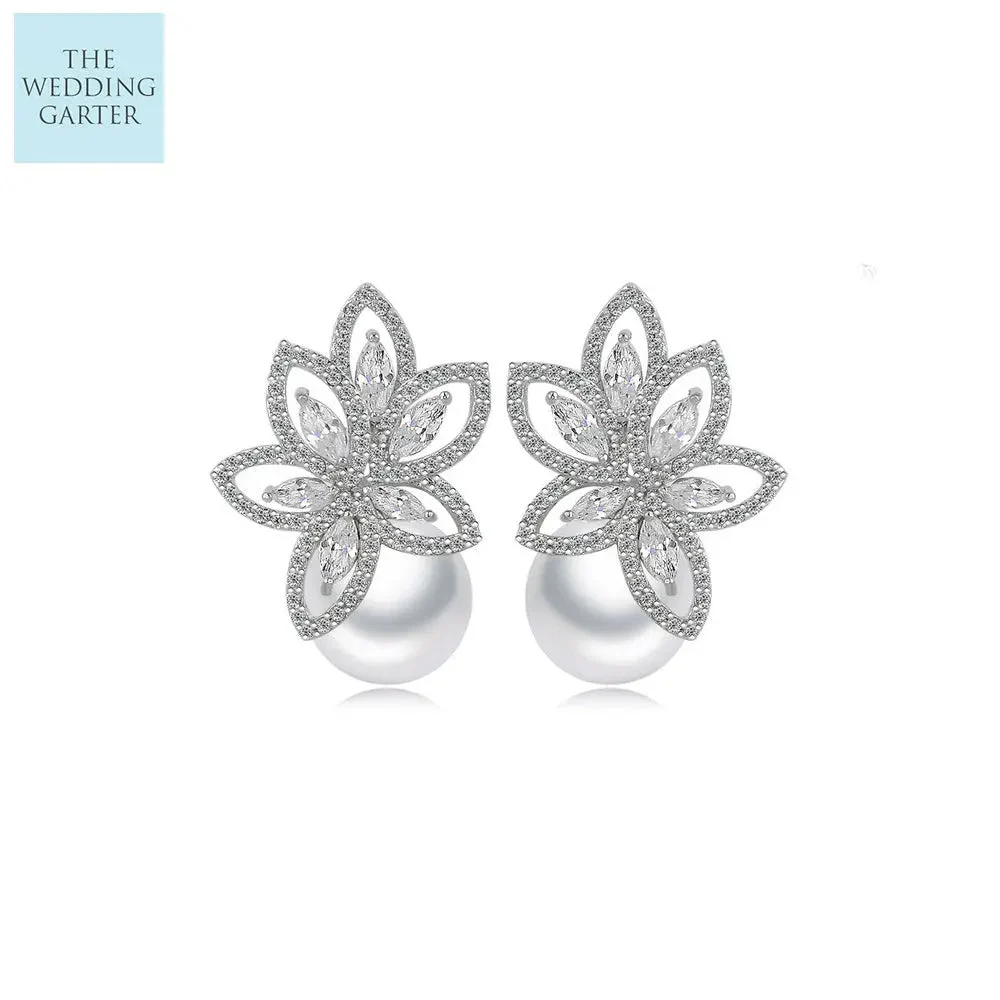 Extravagant CZ Diamond & Pearl Luxury Bridal Earrings