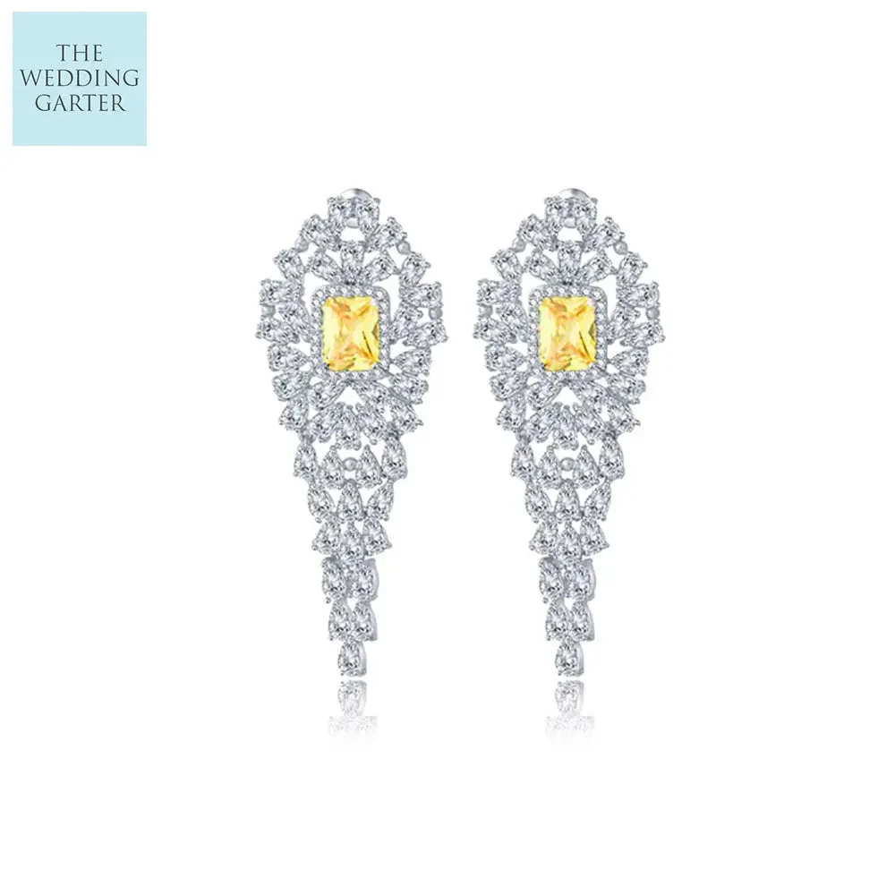Extravegant Big Yellow CZ Diamond Chandelier Earrings