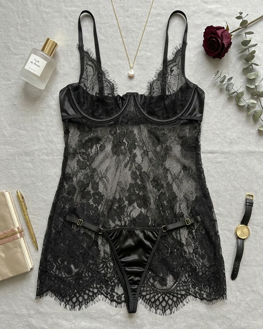 Eyes Wide Open - Black Lace Lingerie Slip