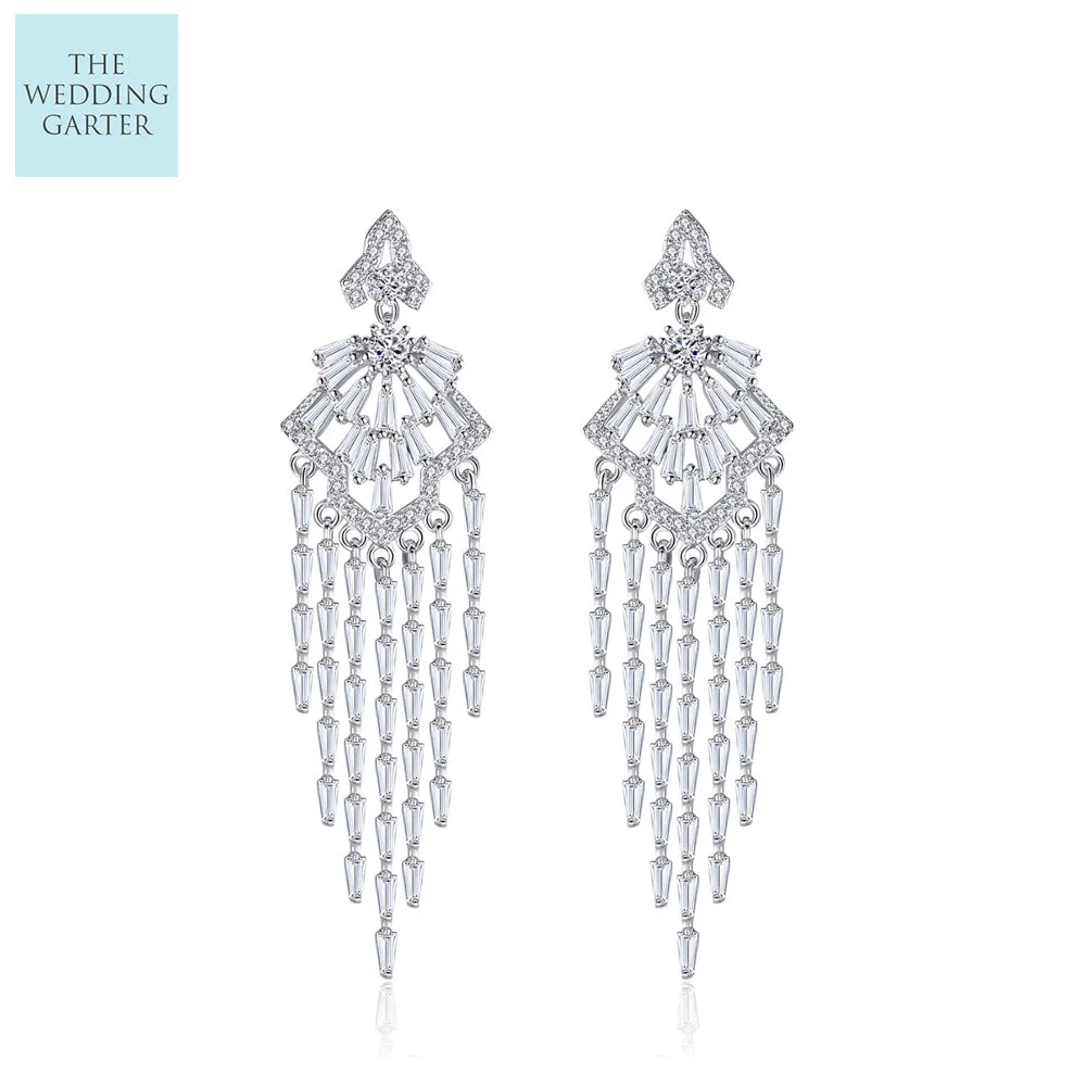 Fancy Long CZ Diamond Tassel Drop Earrings