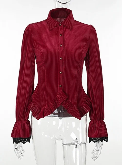Fashionable Red Vertical Striped Velvet Fabric With Embroidered Lace Cuffs Punk Style Lapel Long Sleeve Shirt