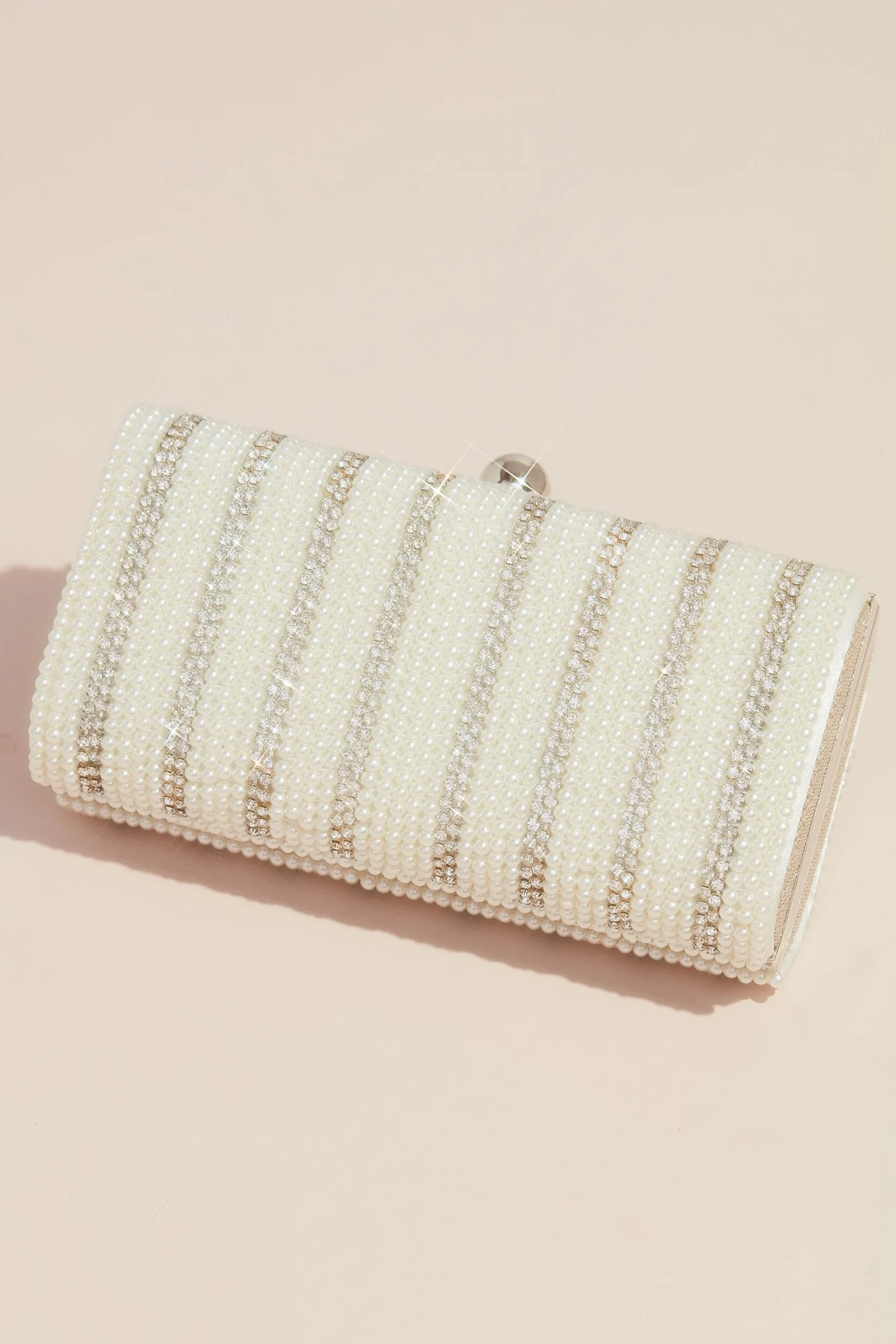 Faux Pearl and Crystal Striped Curved Minaudiere