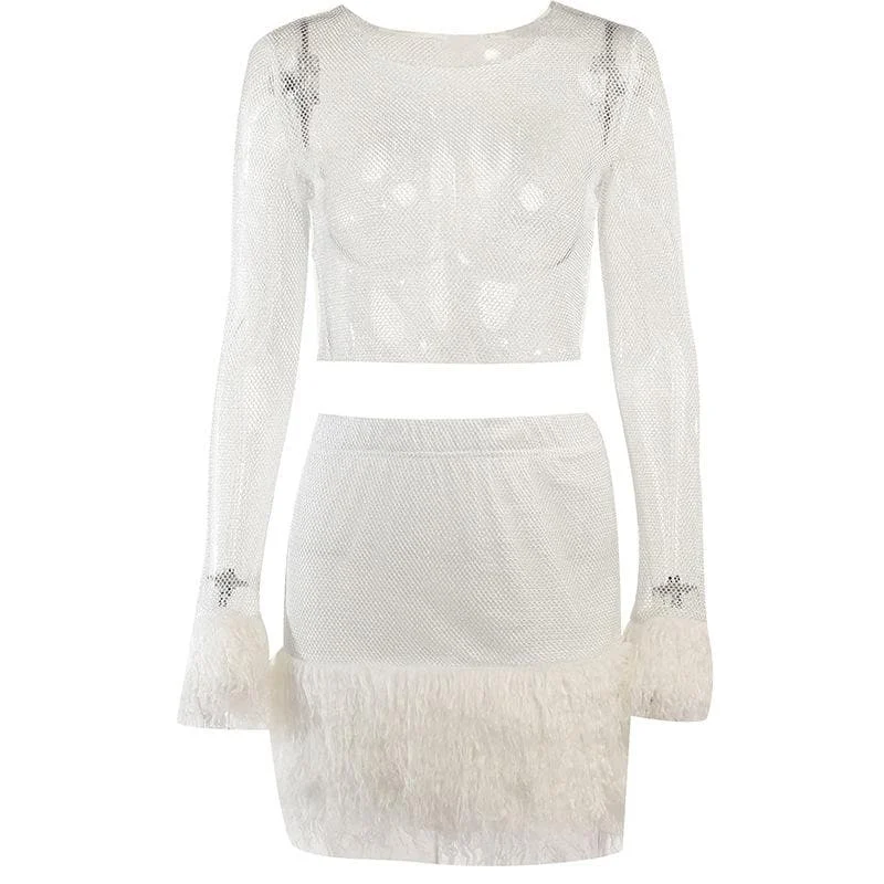 Feather long sleeve fishnet see through solid mini skirt set