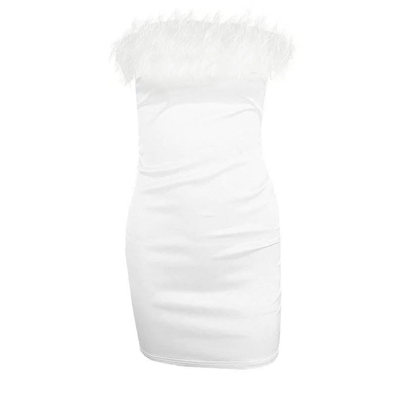 Feather off shoulder solid backless tube dress