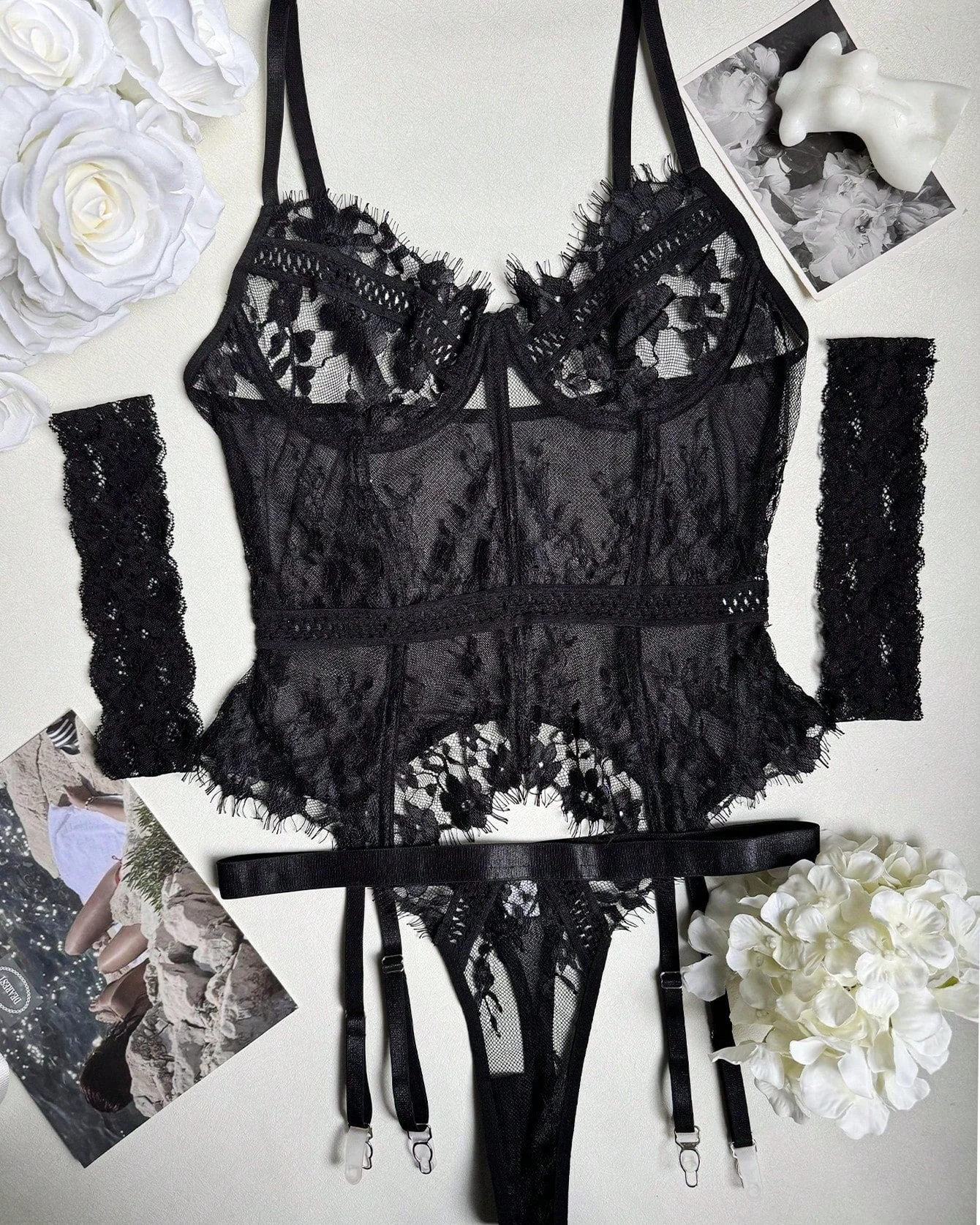 Feed Your Soul – Black Lace Basque Lingerie Set