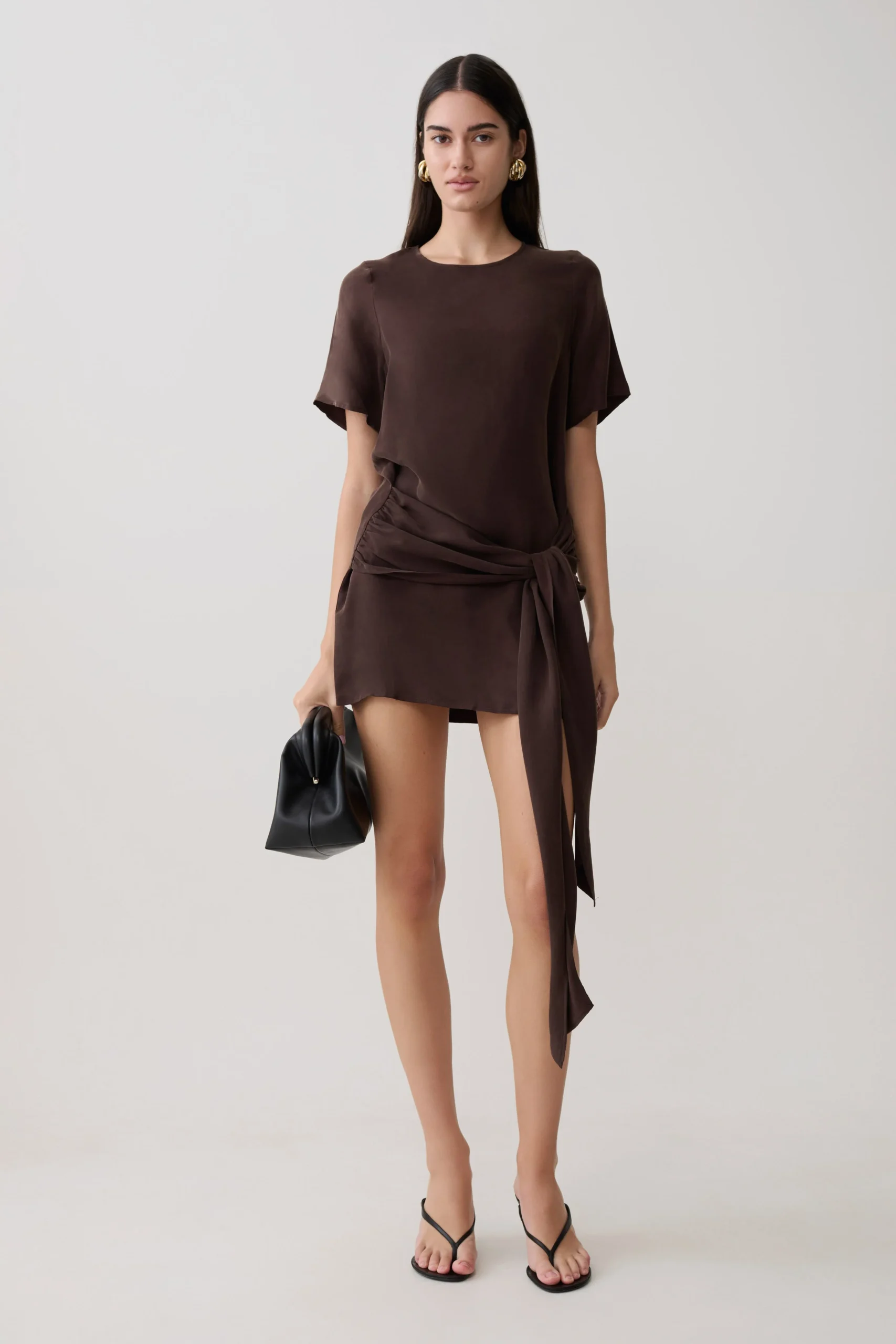 FelicityShort Sleeve Dress With Waist Tie - Dark Chocolate