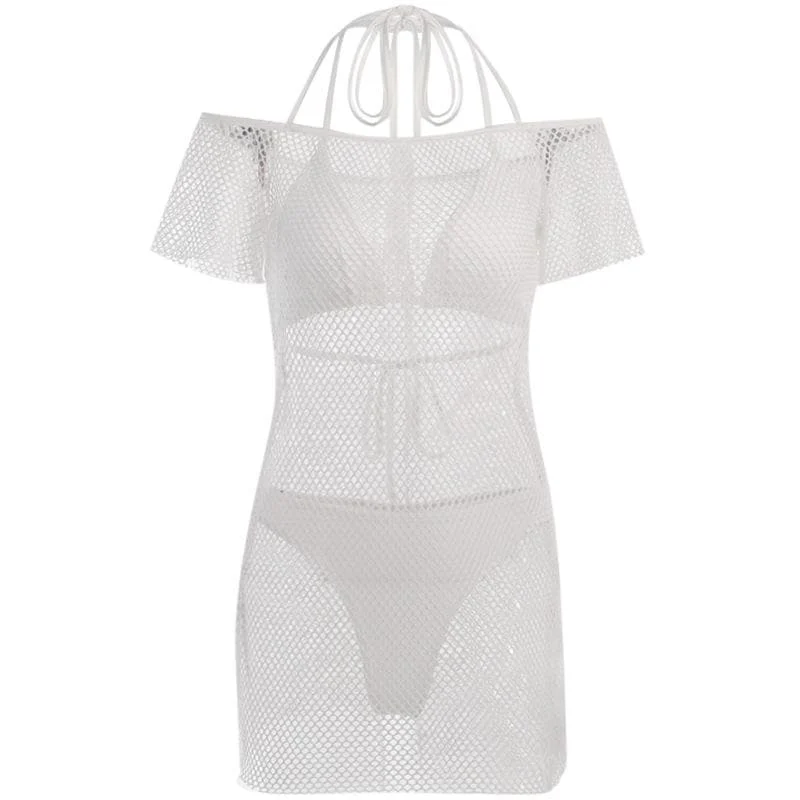 Fishnet halter short sleeve self tie solid mini dress