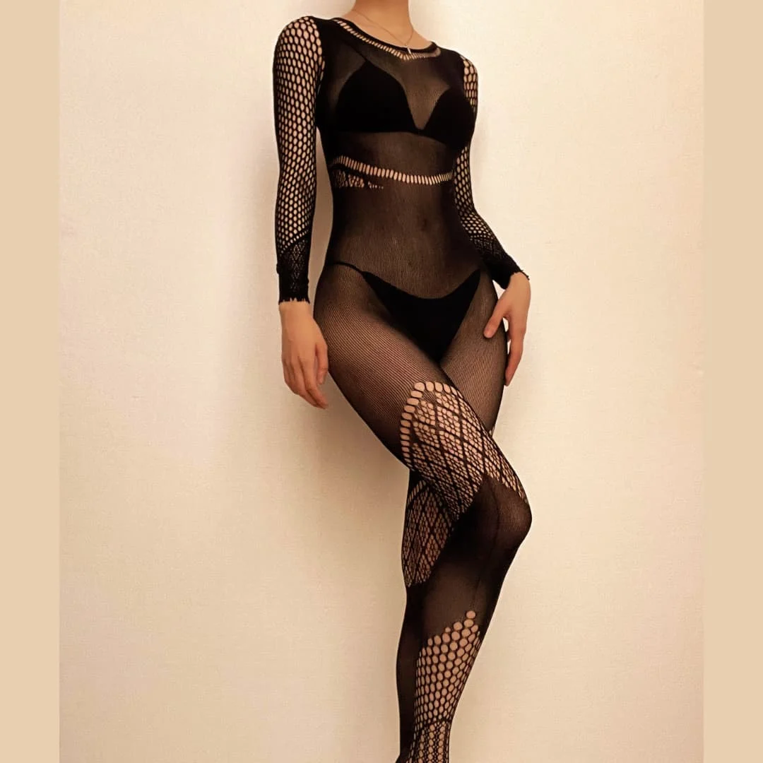Fishnet long sleeve solid round neck hollow out jumpsuit