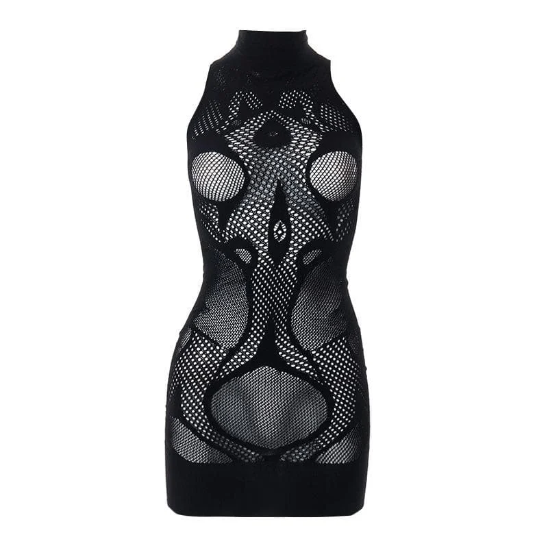 Fishnet sleeveless hollow out high neck see through mini dress
