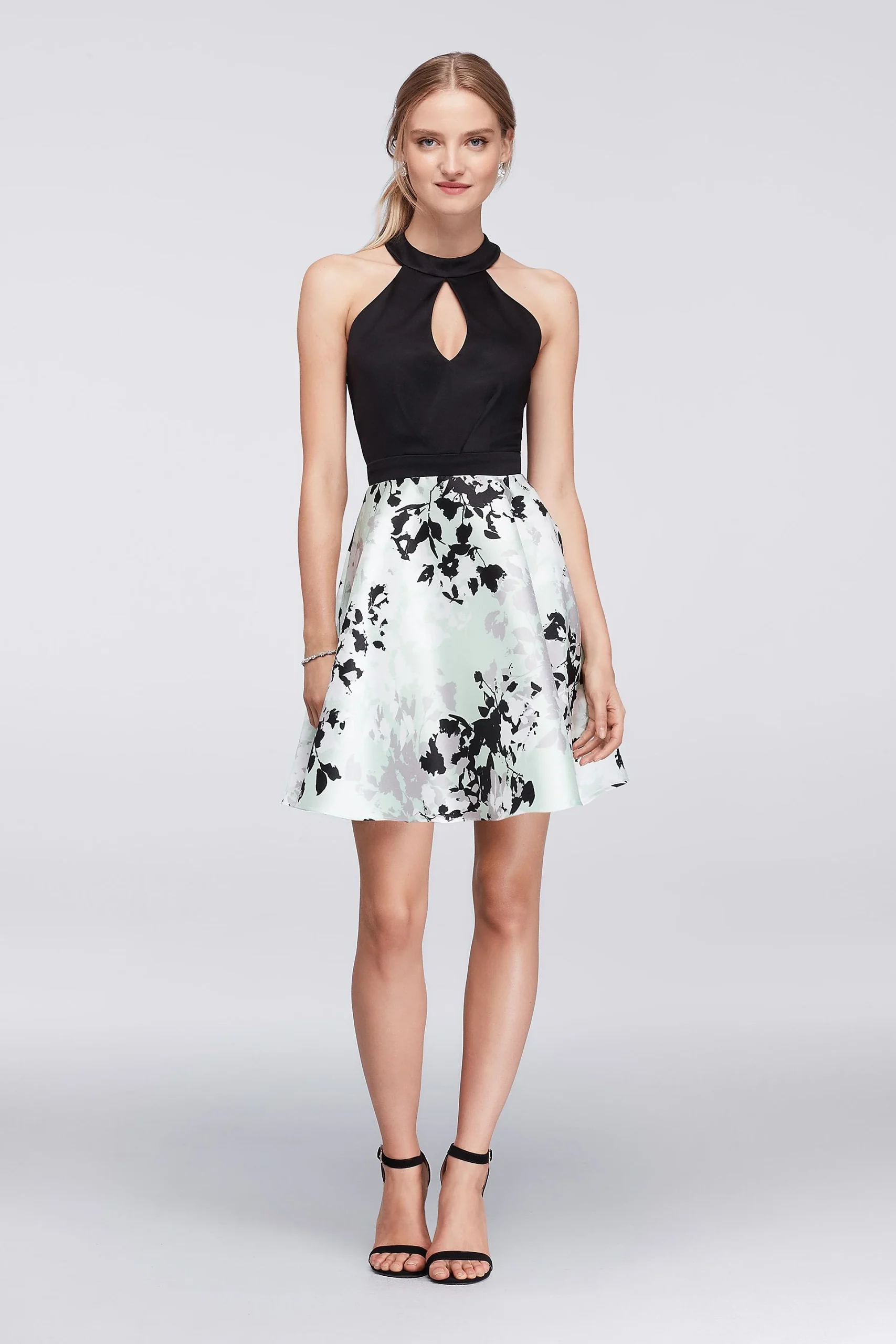 Fit-and-Flare Halter Dress with Printed Skirt