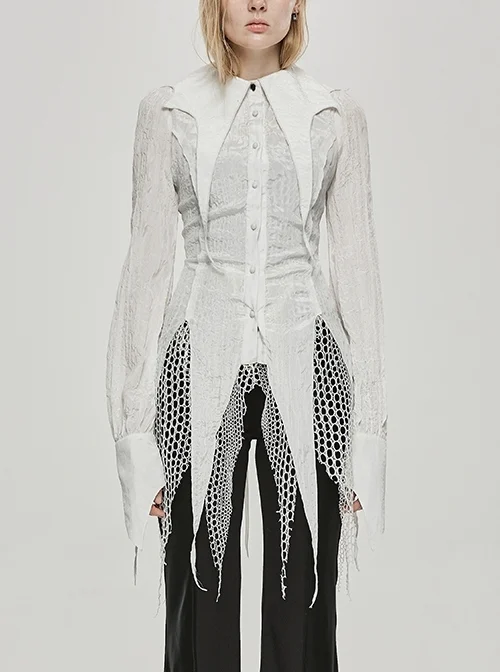 Fitted Waist Back Adjustable Webbing Tie Rope Bat Collar Pointed Hem Stitching Long-Sleeved White Gothic Shirt