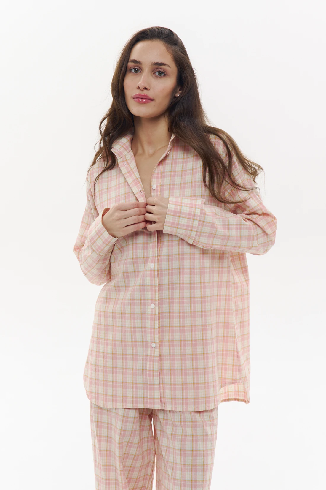 Flannel Print Pink Pyjamas with Long Sleeve