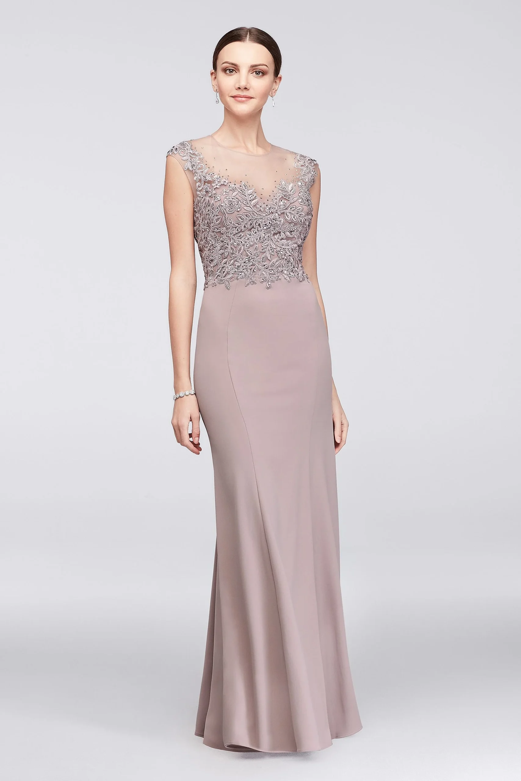 Floral Applique Illusion Bodice Knit Mermaid Gown