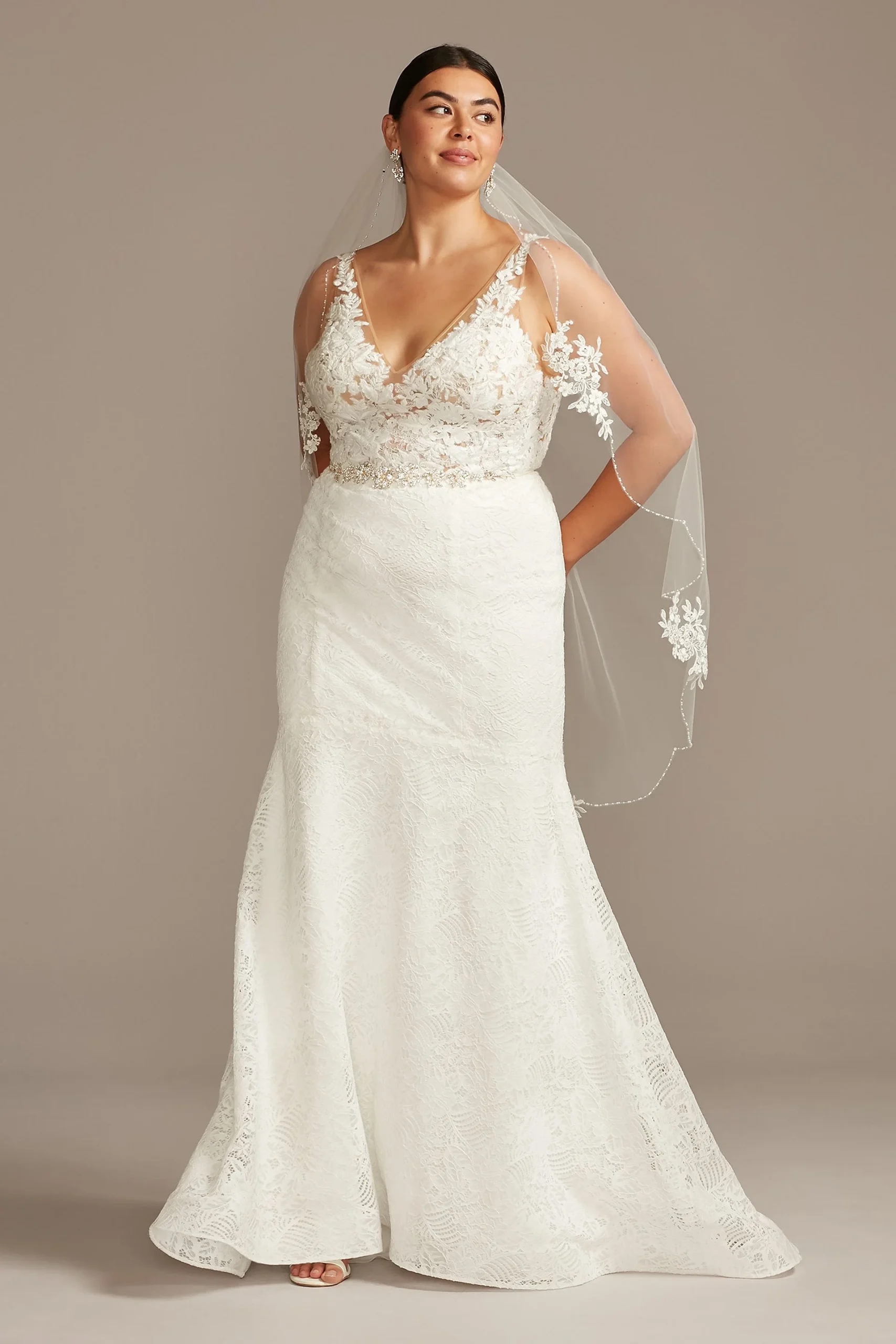 Floral Applique Illusion V-Back Wedding Dress