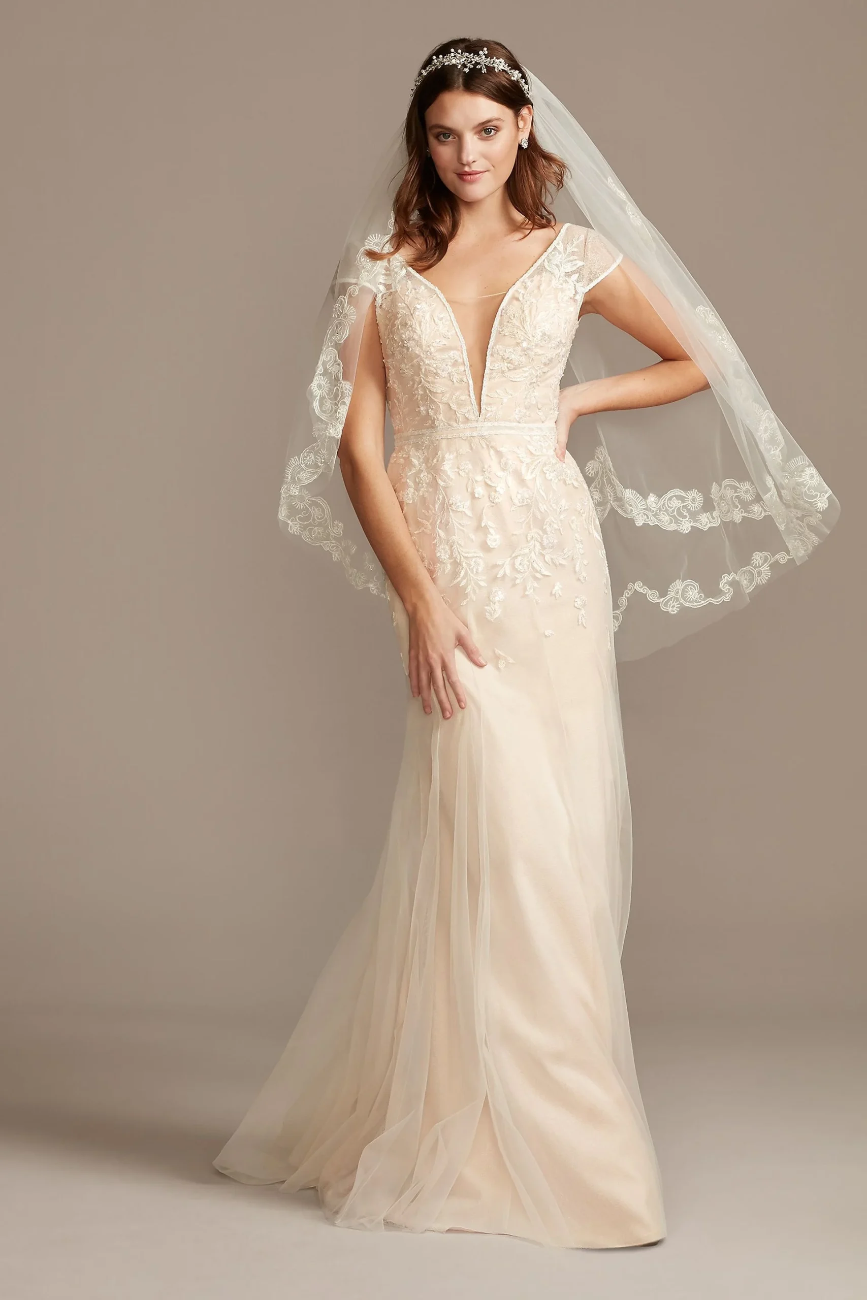 Floral Applique Tulle Cap Sleeve Wedding Dress