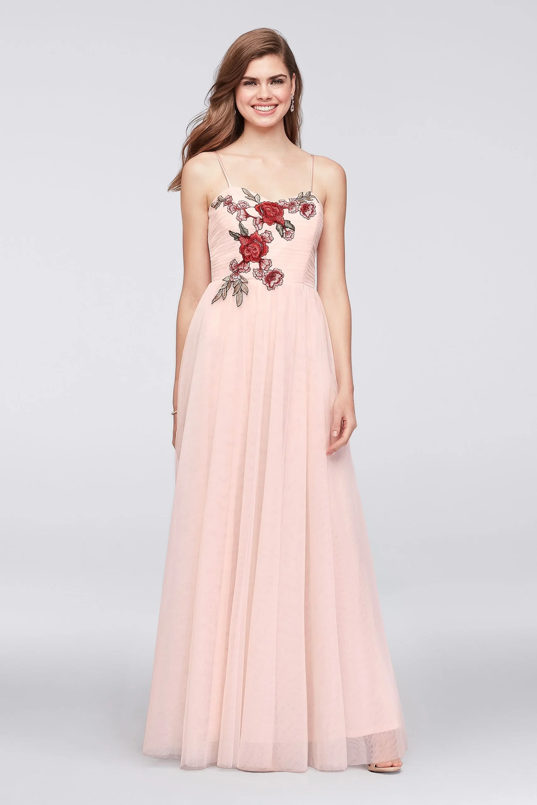 Floral-Appliqued Pleated Mesh A-Line Gown