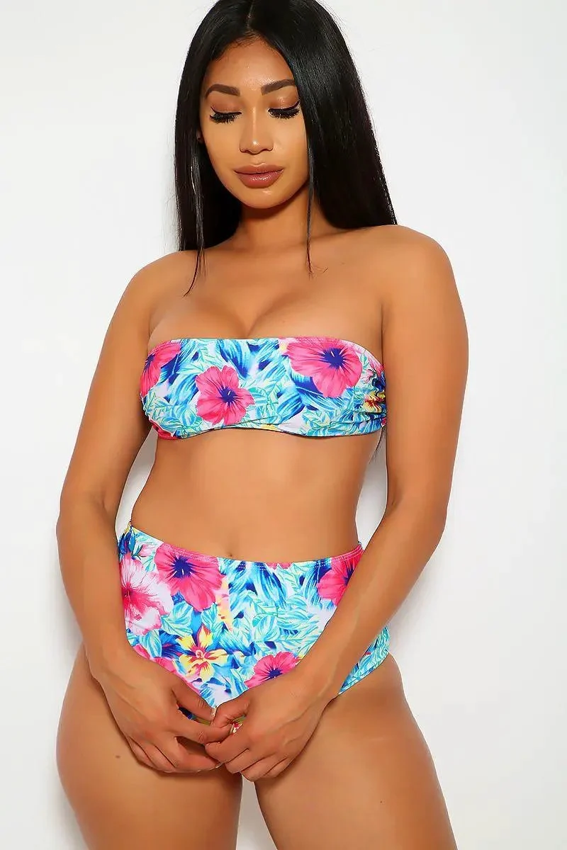 Floral Bandeau High Waisted 2 Pc. Swimsuit