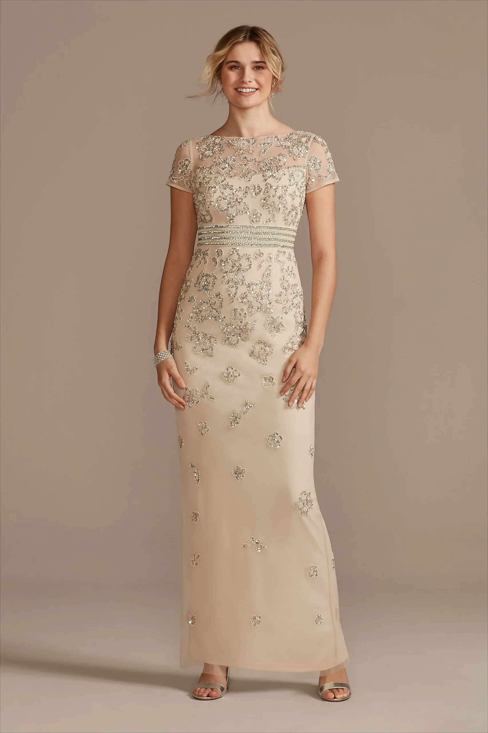 Floral Beaded High Neck Short SleeveSheath Dress
