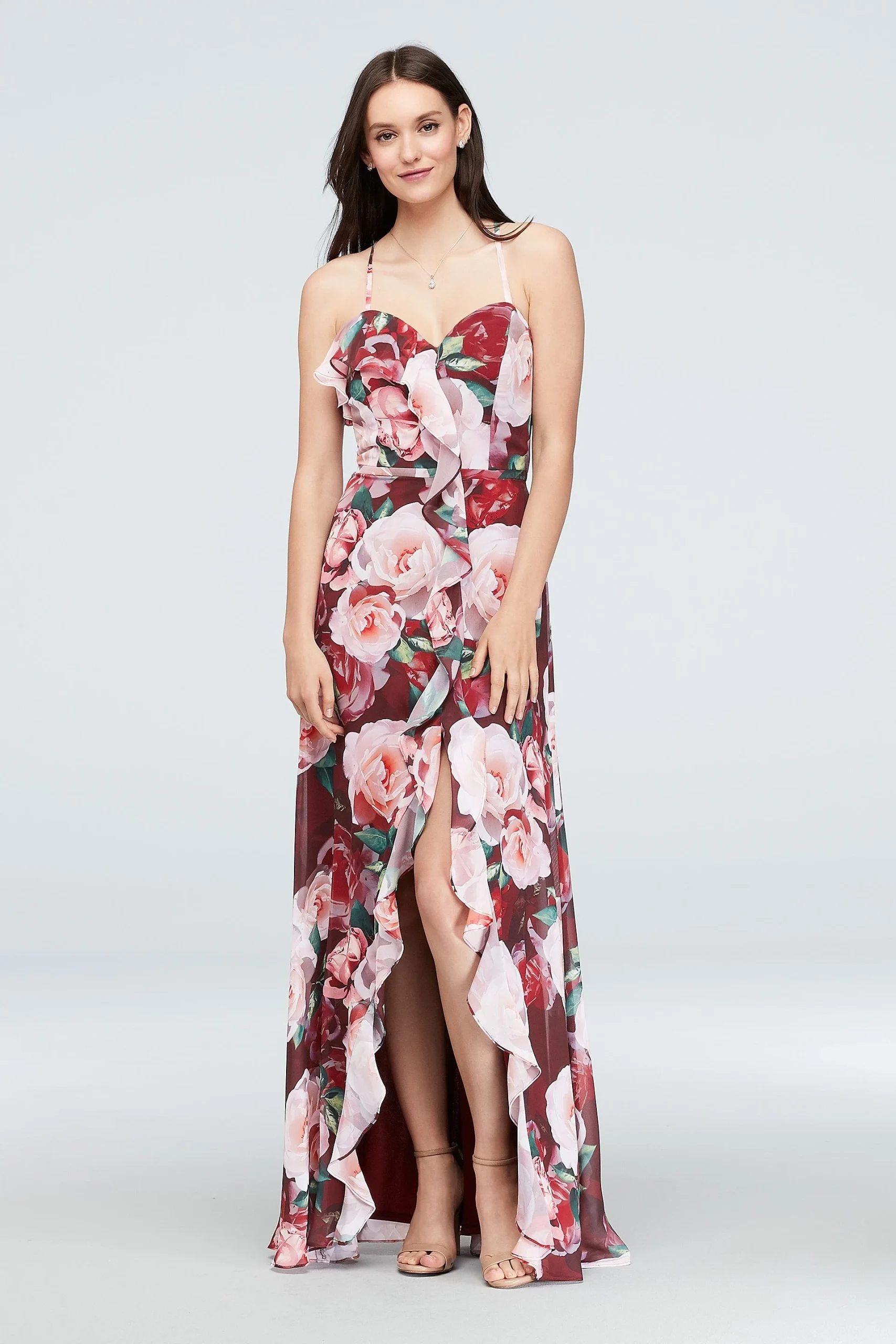 Floral Chiffon Wrap Dress with Cascading Ruffle