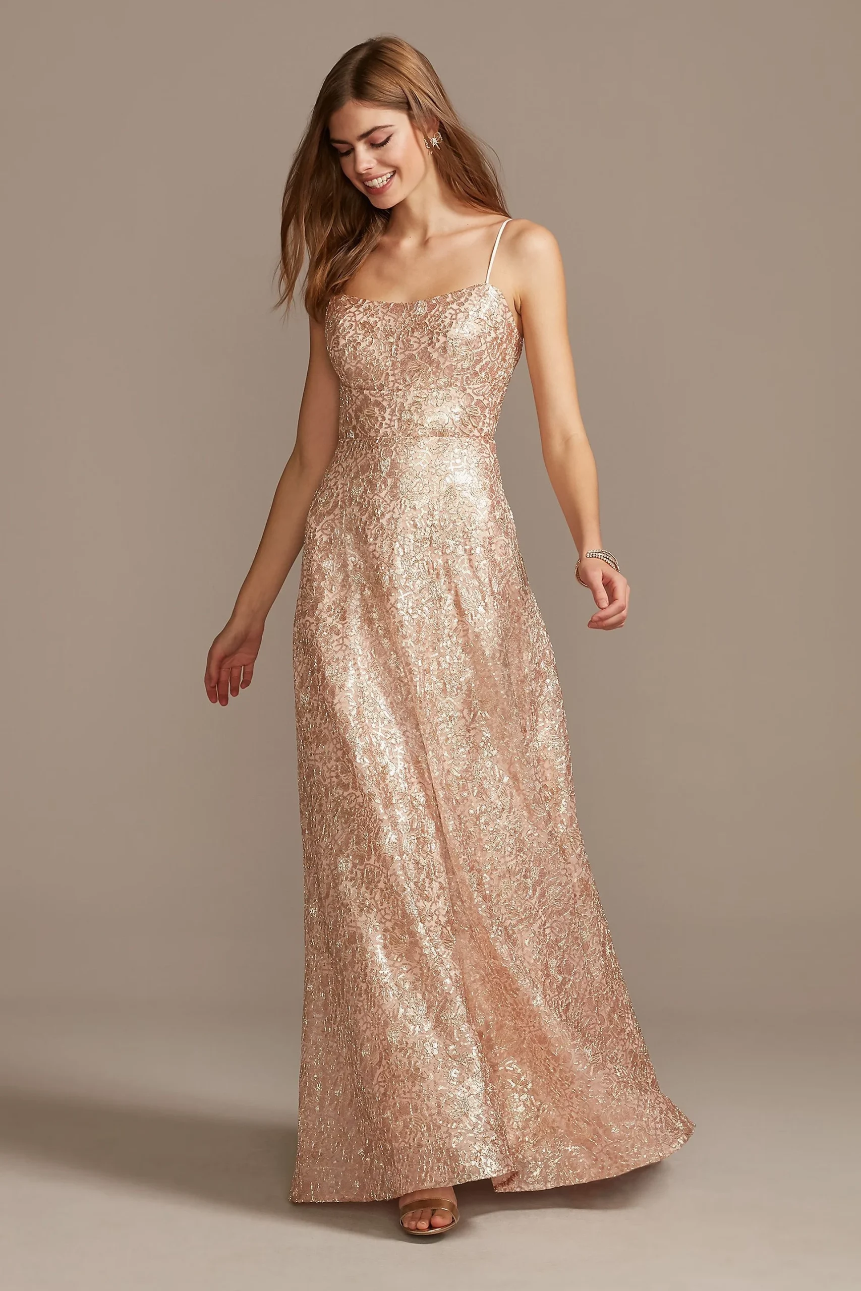 Floral Corded Lace Sequin Gown with Lace-Up Back