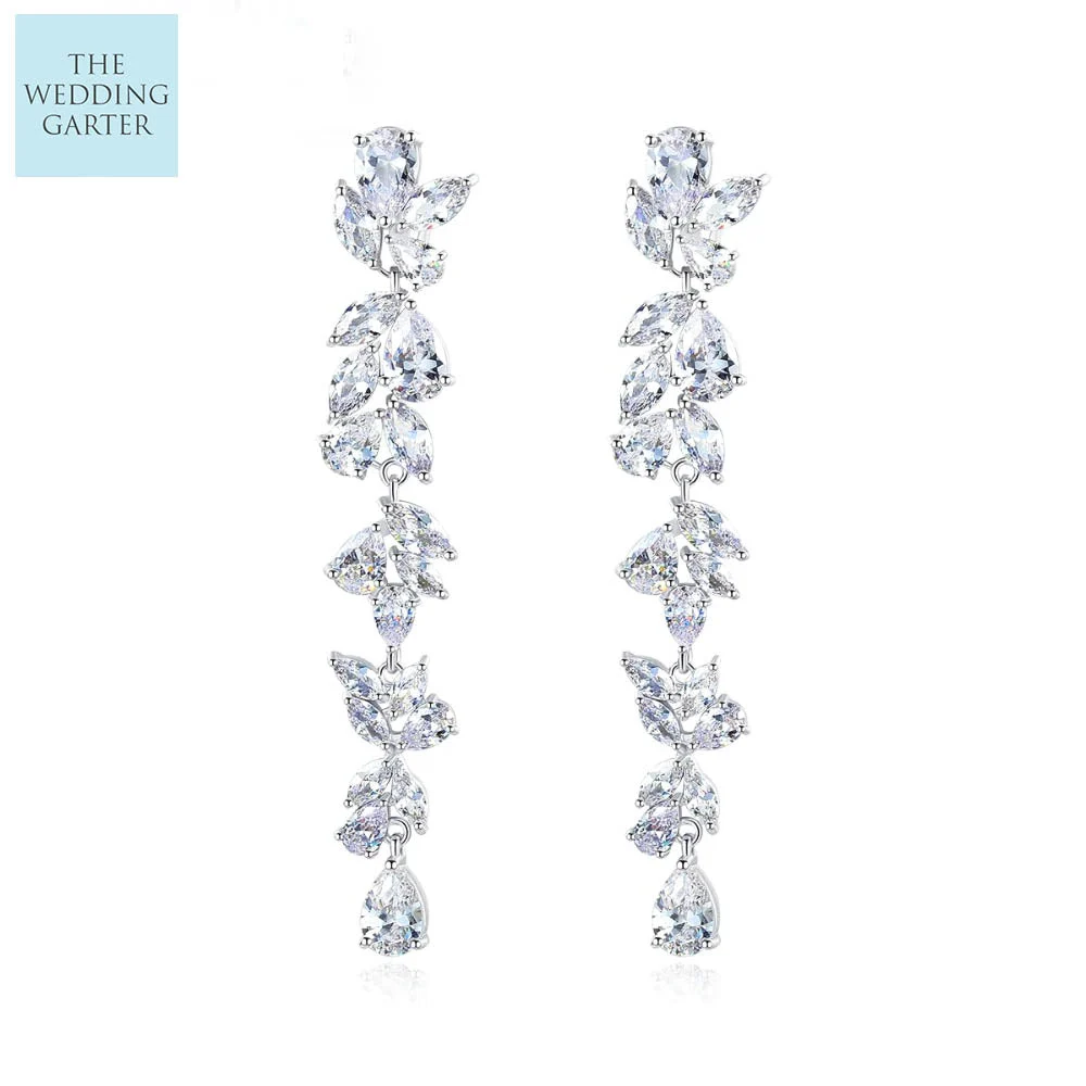 Floral Design Long Cubic Zirconia Dropper Earrings