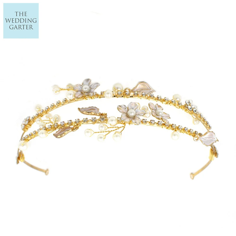 Floral Gold Wedding Crown With Hand Painted Flowers & Pearls