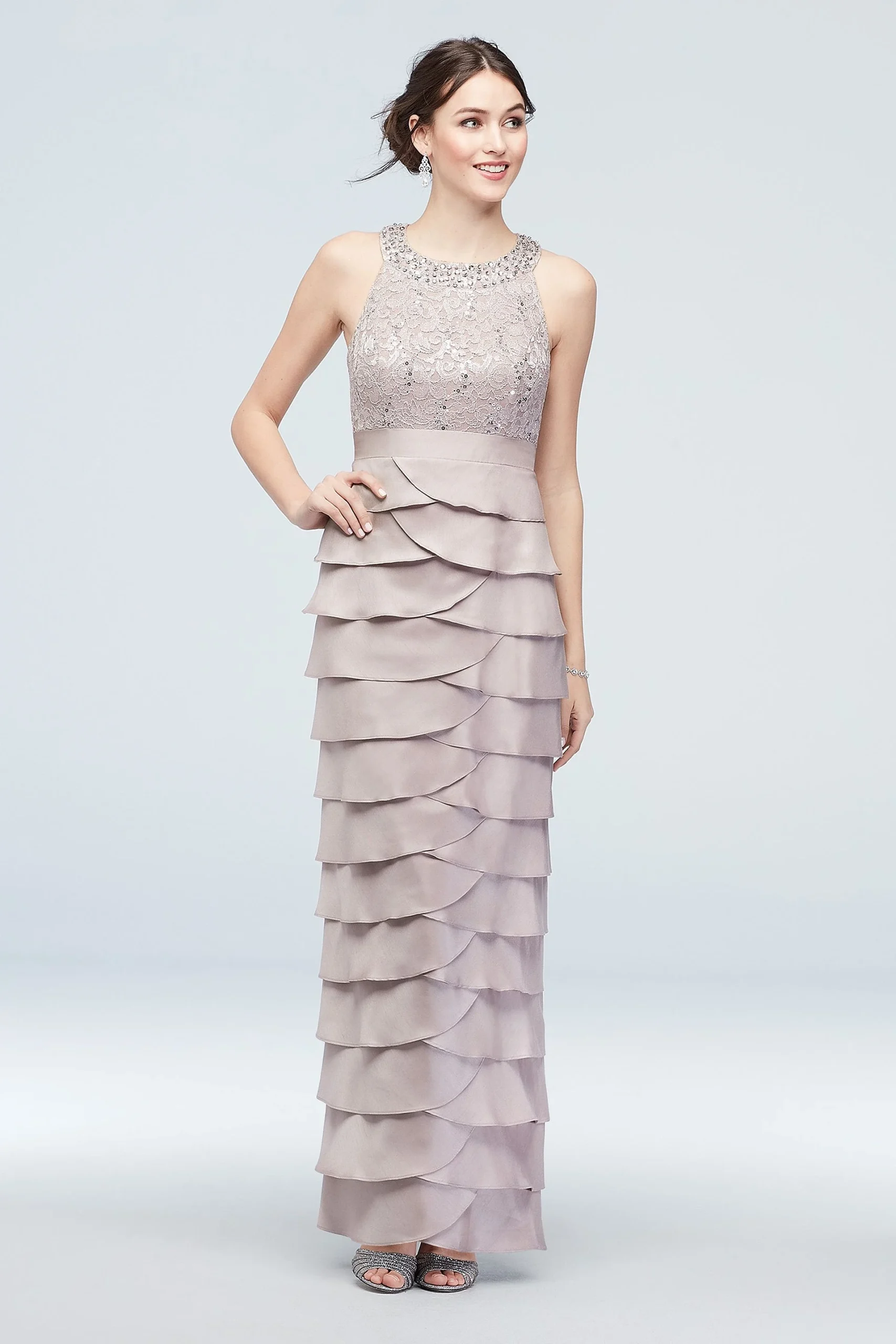 Floral High Circle-Neck Sheath with Ruffle Skirt