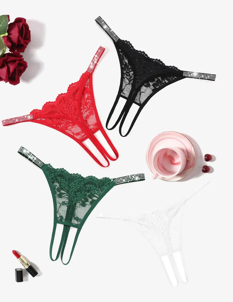 Floral Lace Briefs Rhinestones Strap Panties