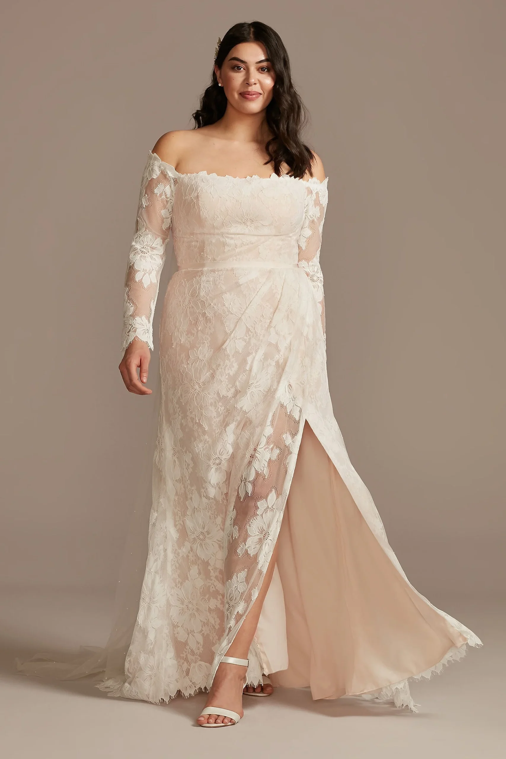 Floral Lace Long Sleeve Plus Wedding Dress