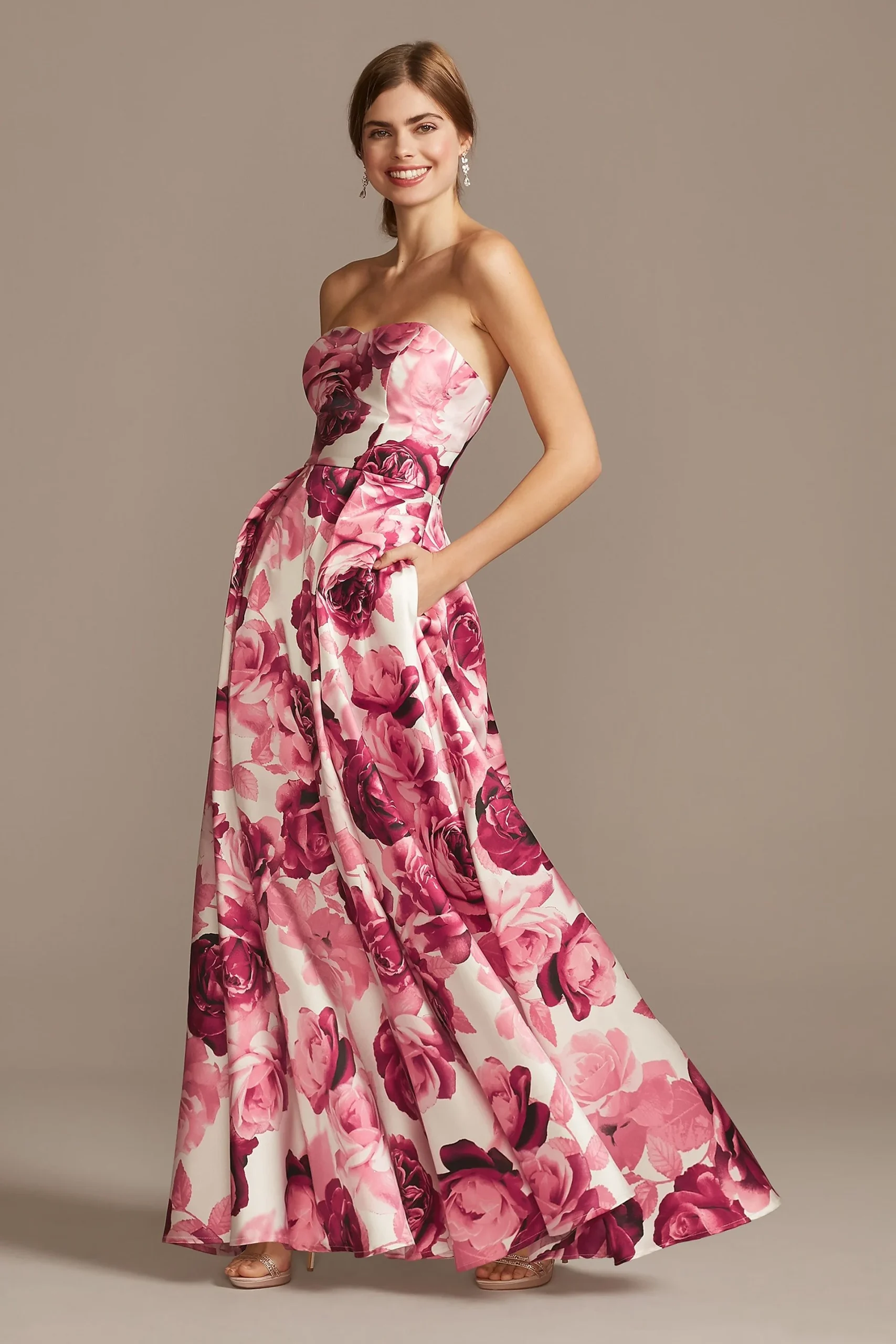 Floral Print Strapless Satin Gown with Pockets