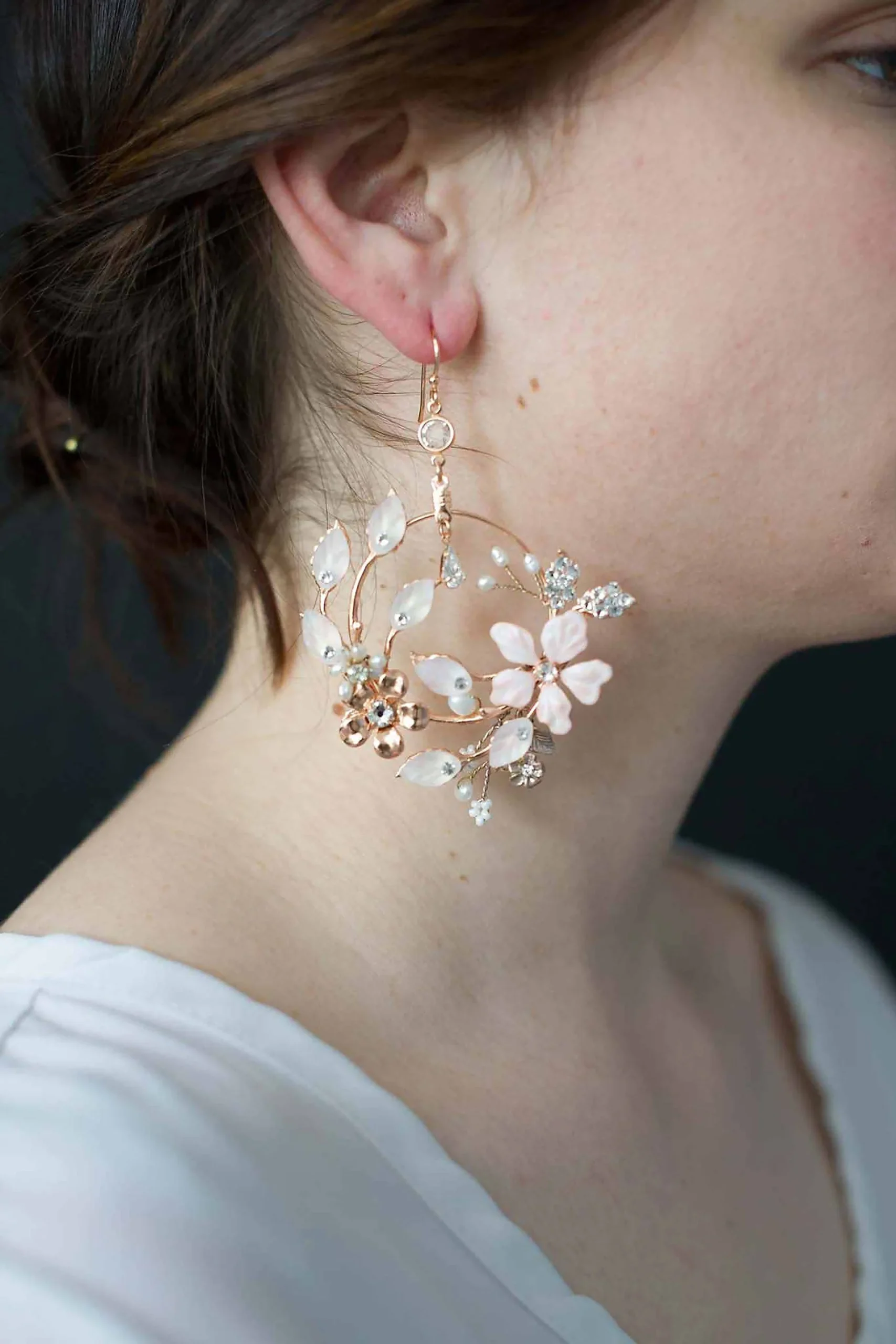 Floral Sculpture Freshwater Pearl Hoop Earrings