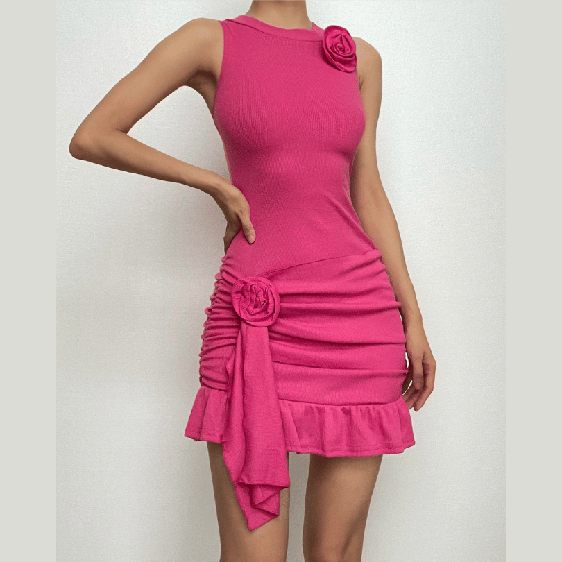 Flower applique solid sleeveless ribbed ruffle irregular mini dress