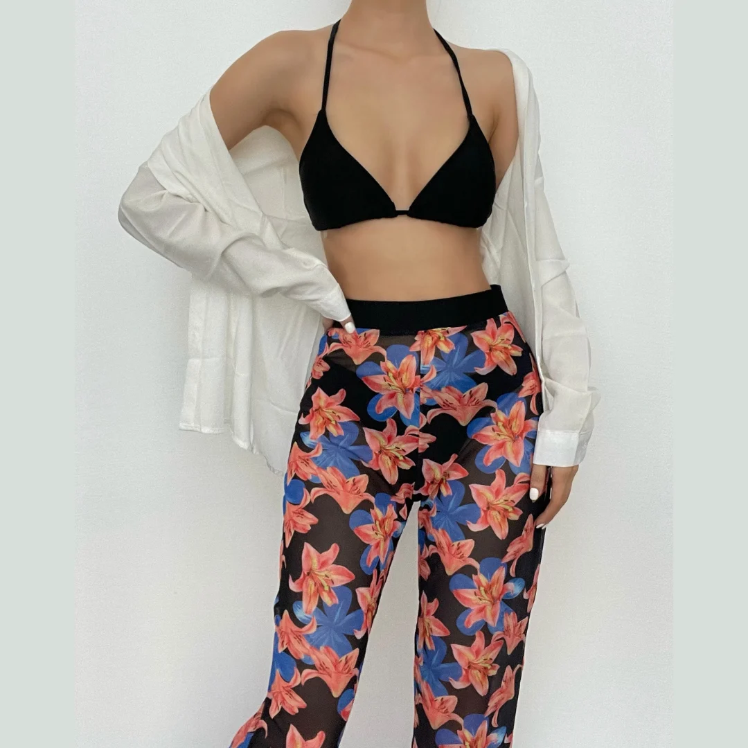 Flower pattern halter contrast pant 3 piece swimwear