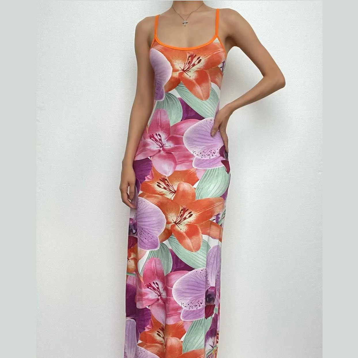 Flower print contrast backless slit square neck cami maxi dress