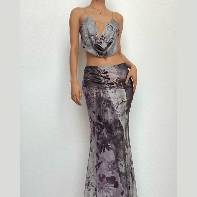 Flower print contrast cowl neck ruched cross back backless midi skirt set