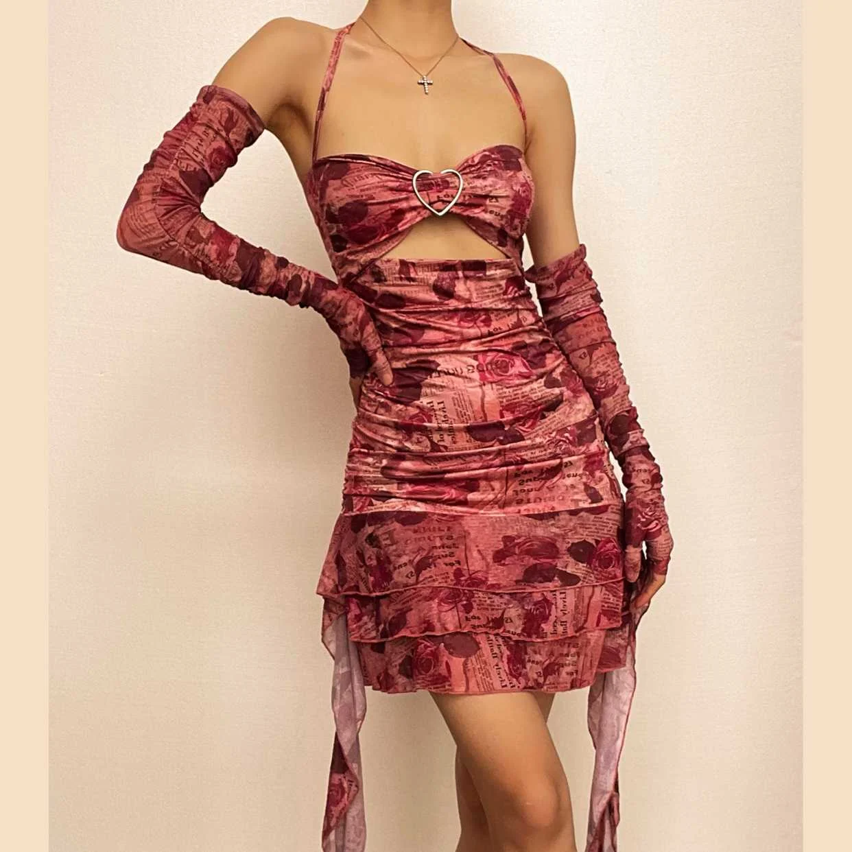 Flower print contrast gloves buckle ruched halter backless ruffle mini dress
