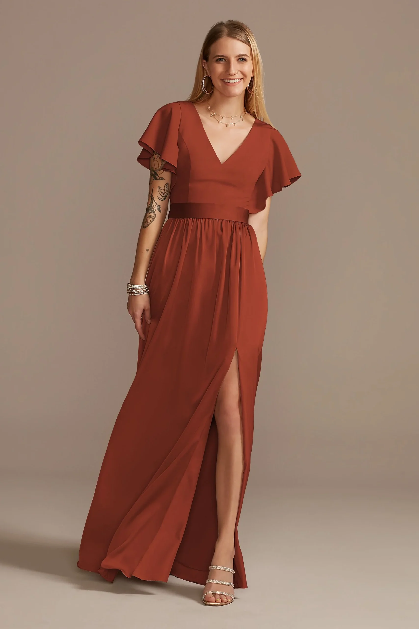 Flutter Sleeve Charmeuse Dress