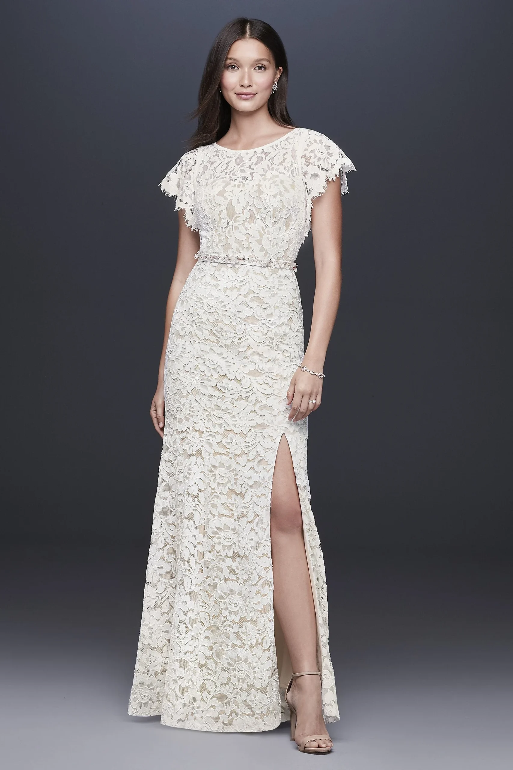 Flutter Sleeve Illusion Lace Sheath Gown