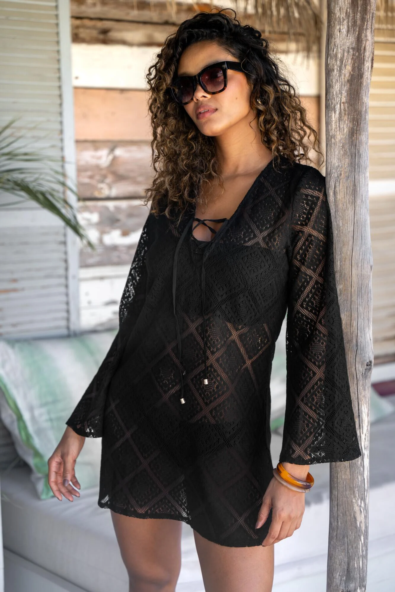 Free Spirit Crochet Lace Long Sleeve Beach Cover Up - Black