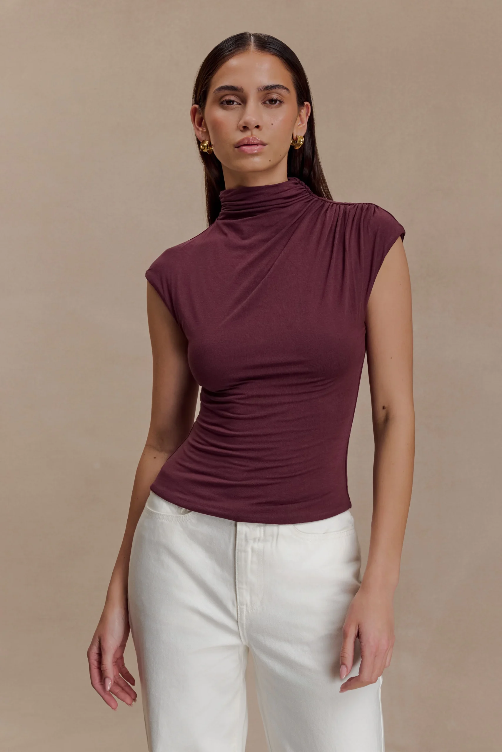 FreesiaHigh Neck Sleeveless Top - Mahogany