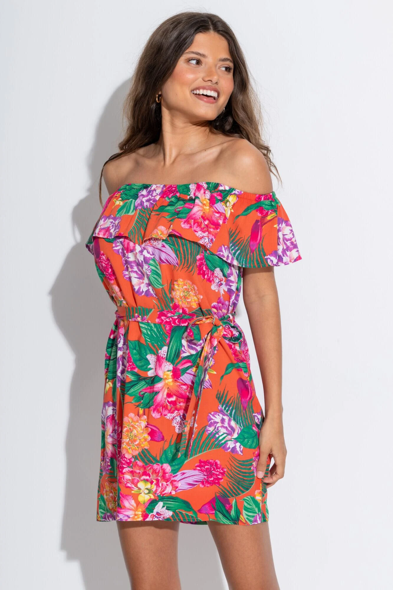 Frill Belted Bardot Dress - Orange Tropic