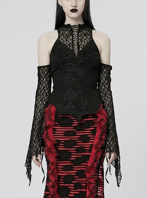 Front Collar Hollow Stretch Jacquard Knit Stitching Lace Split Sleeves Back Waist Webbing Adjustable Elastic Black Gothic Sexy T-Shirt