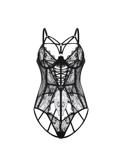 Front Hollow Hip Hollow Temptation Steel Ring Gathers Perspective Lace Sexy Lingerie Jumpsuit